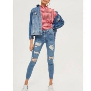 Topshop Moto Jamie Distressed Skinny Jeans 26 Light Wash Casual Street Style
